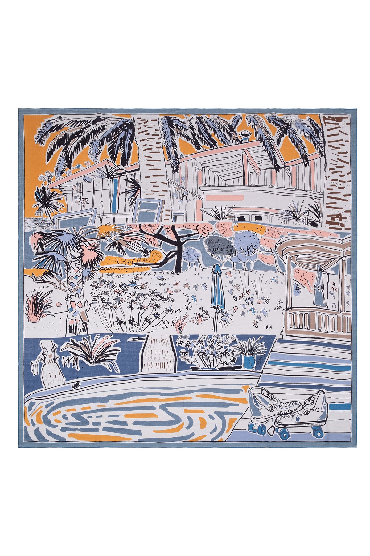 Turkuaz Linda Saf Kaşmir Baskılı Eşarp 140x 140 cm