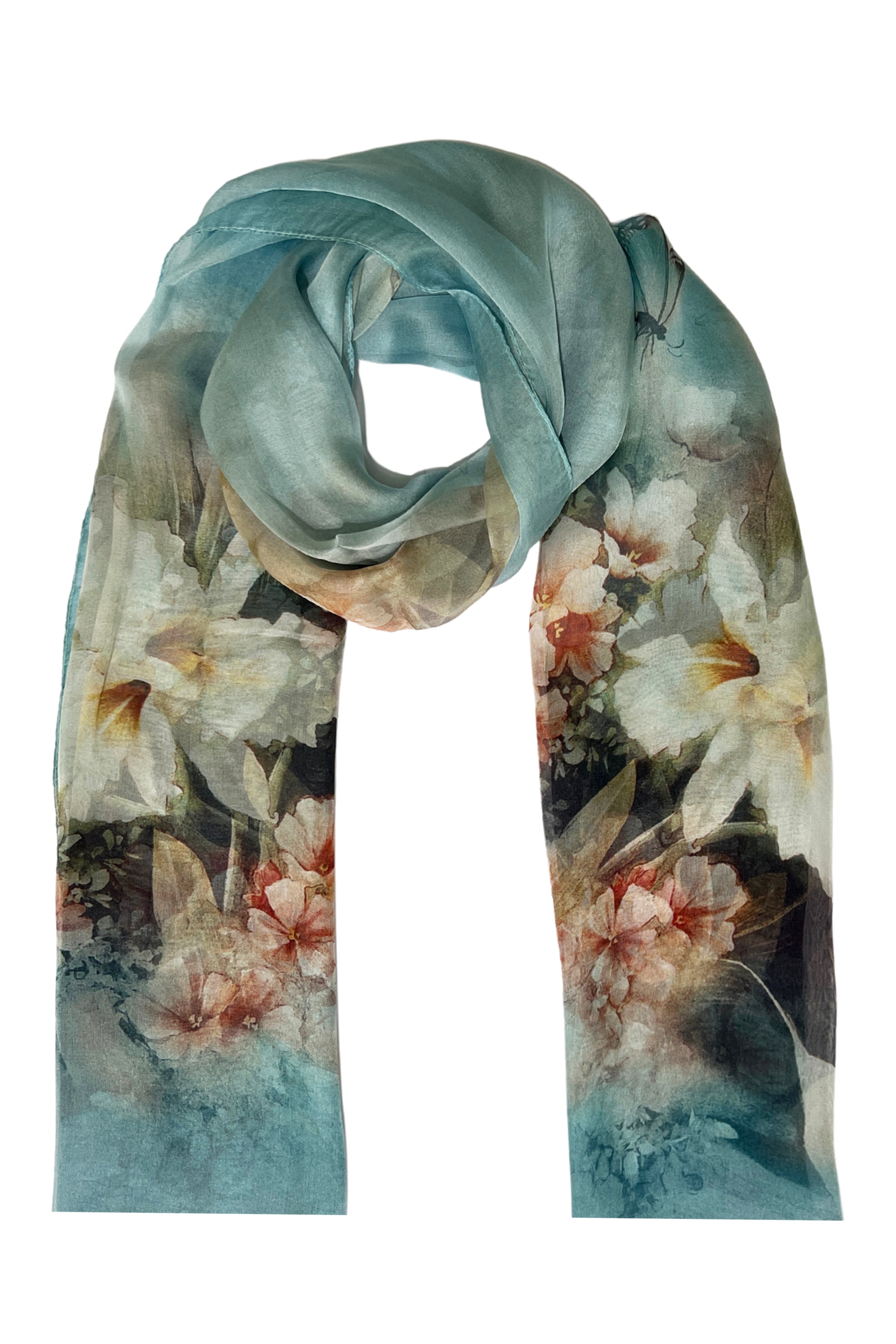 Mavi Anabel Saf İpek  Şifon Baskılı Oblong Şal 180x110