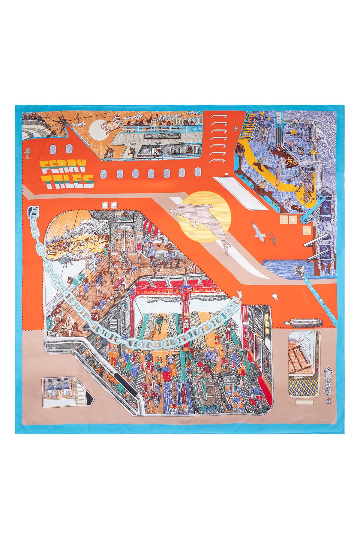 Turuncu Mavi Lina Saf İpek Baskılı Şal 140x140cm