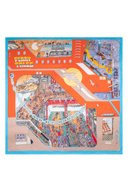 Turuncu Mavi Lina Saf İpek Baskılı Şal 140x140cm