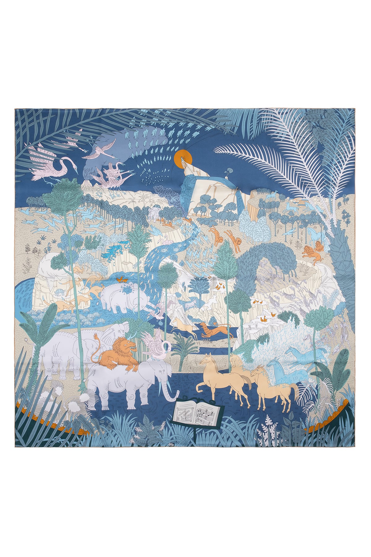 Mavi Camel Lina Saf İpek Baskılı Şal 140x140cm