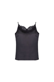 Siyah Paris Saf İpek Dantel Detaylı Askılı Bluz