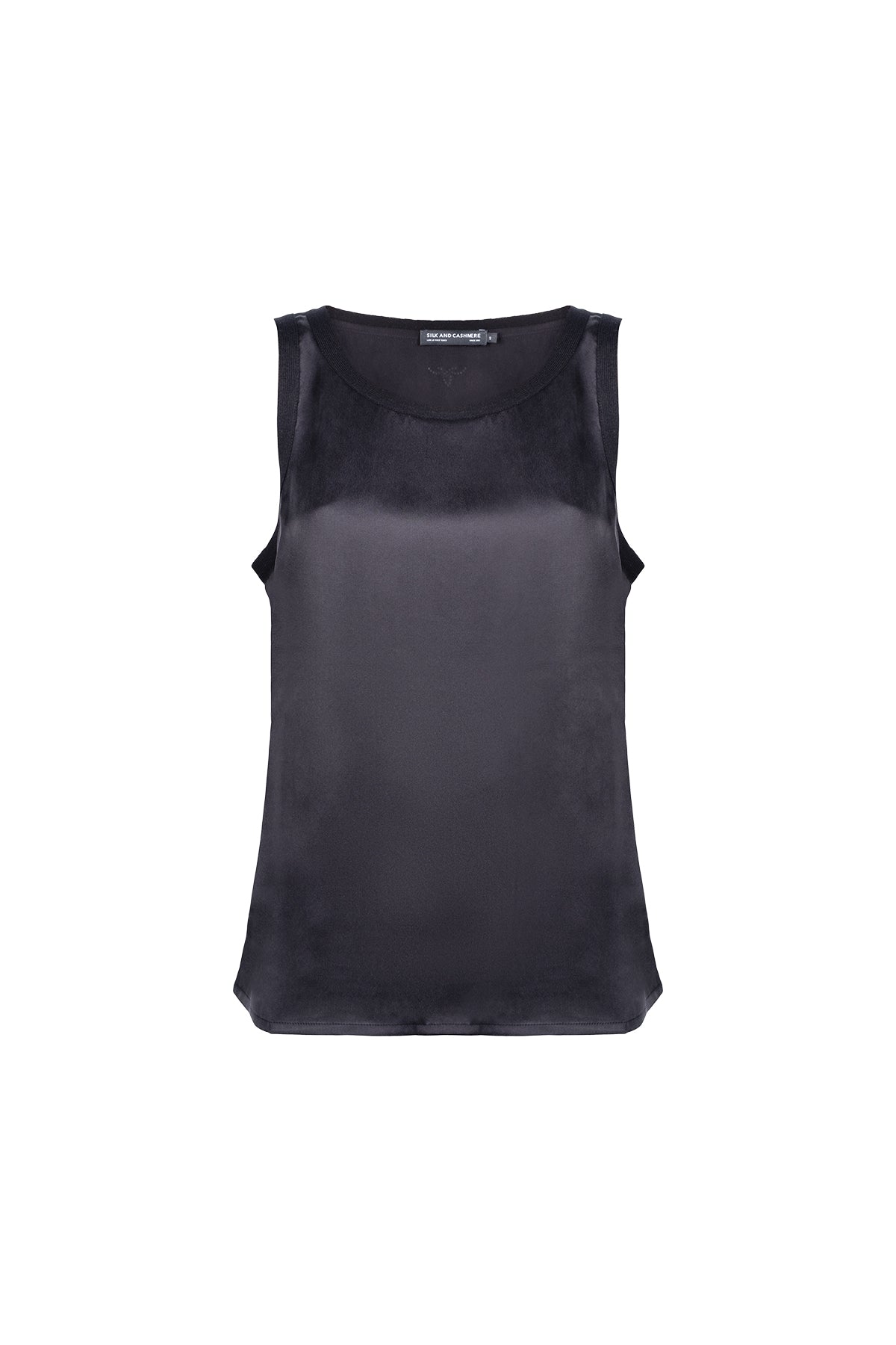 Siyah Knit Border İpekli Yuvarlak Yaka Kolsuz Bluz