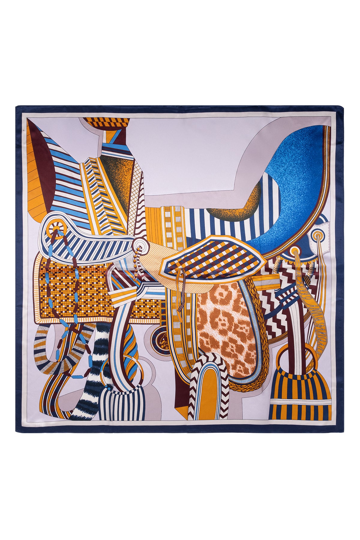 Lacivert Gri Lara Saf İpek Baskılı Eşarp 90x90 cm