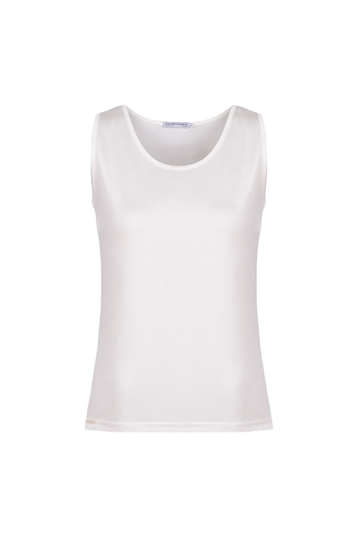 Beyaz Marina İpekli Yuvarlak Yaka Kolsuz T-Shirt