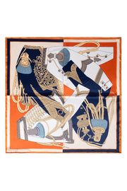 Turuncu Lacivert Lena Saf İpek Eşarp 70x70 cm