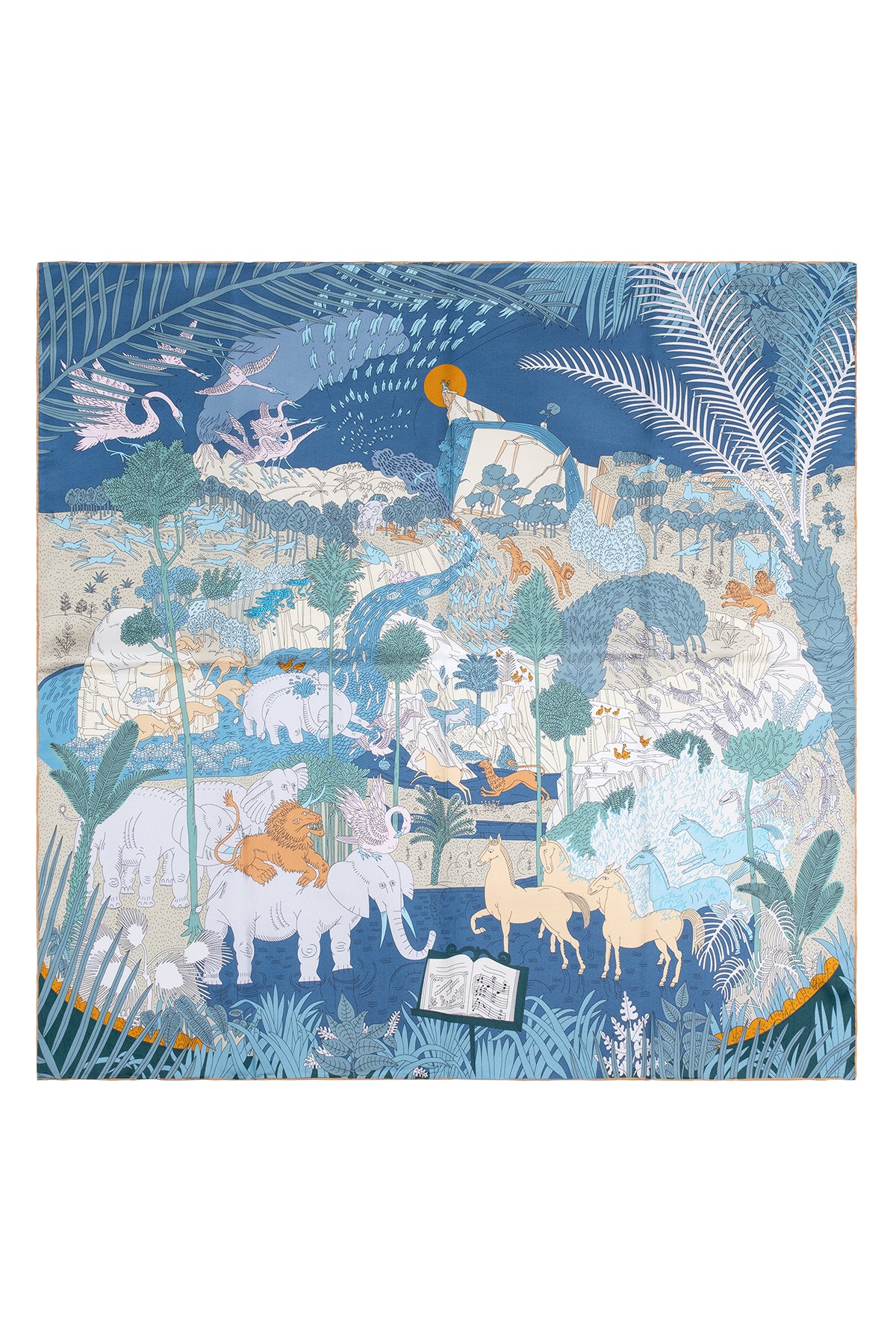 Turuncu Mavi Lara Saf İpek Baskılı Eşarp 90x90 cm