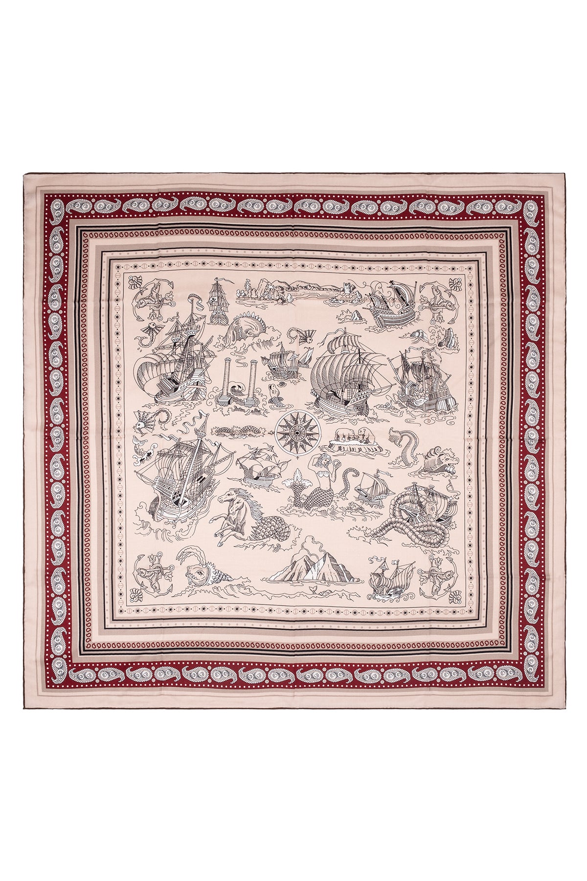 Kırmızı Kahve Linda Saf Kaşmir Baskılı Eşarp 140x 140 cm