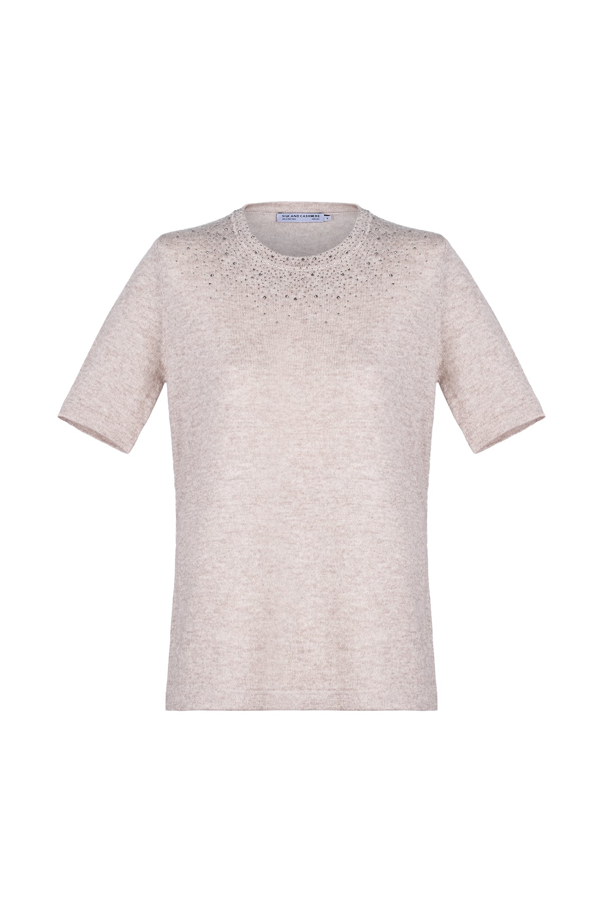 Bej Merill Taşlı Yuvarlak Yaka Kısa Kollu Triko