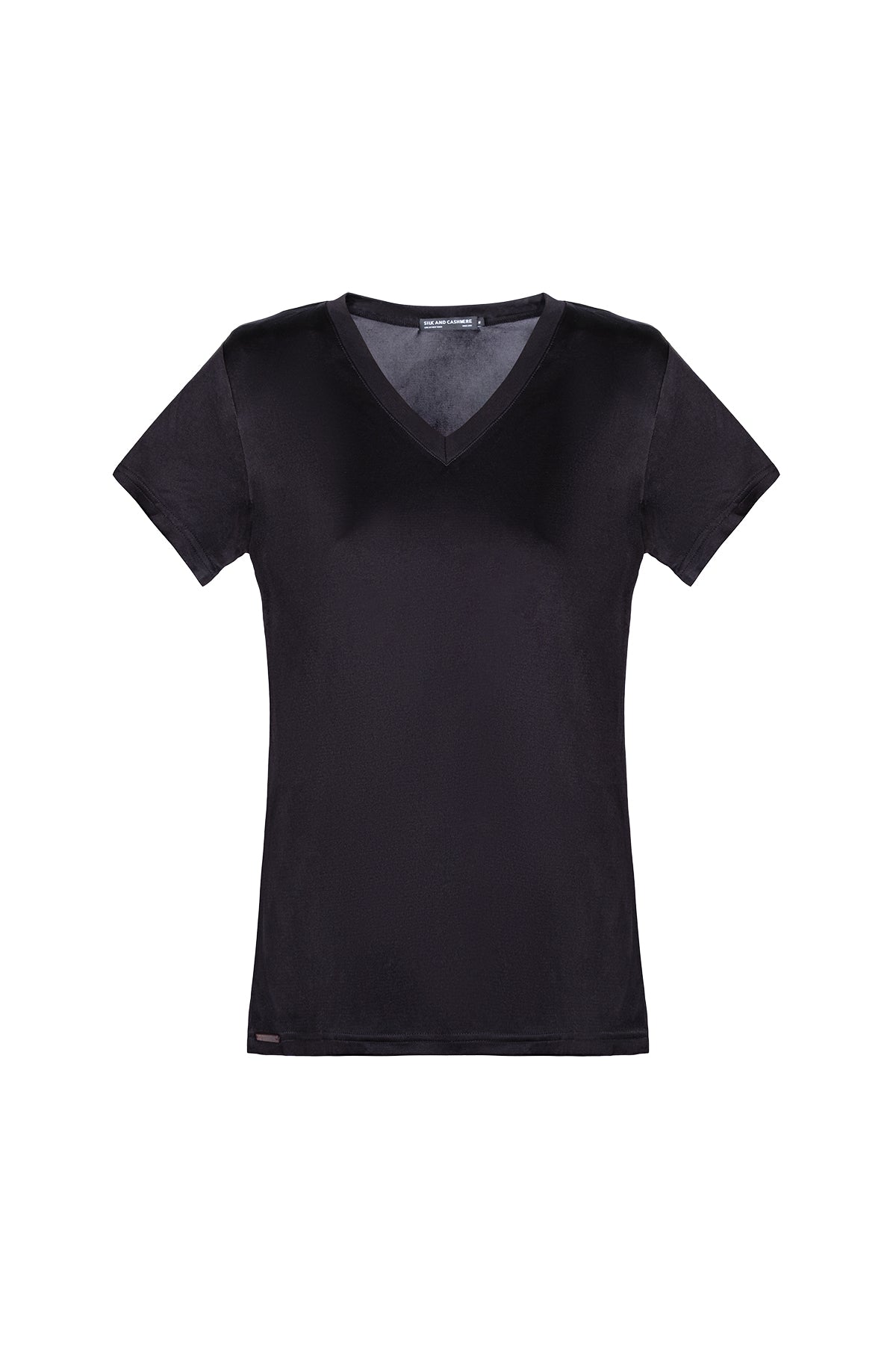 Siyah Marina İpekli V Yaka  Kısa Kollu T-Shirt