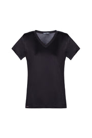 Siyah Marina İpekli V Yaka  Kısa Kollu T-Shirt