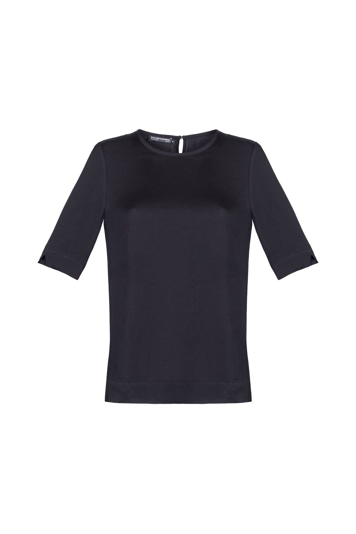 Siyah Toscana İpek Yuvarlak Yaka Yarım Kollu Bluz