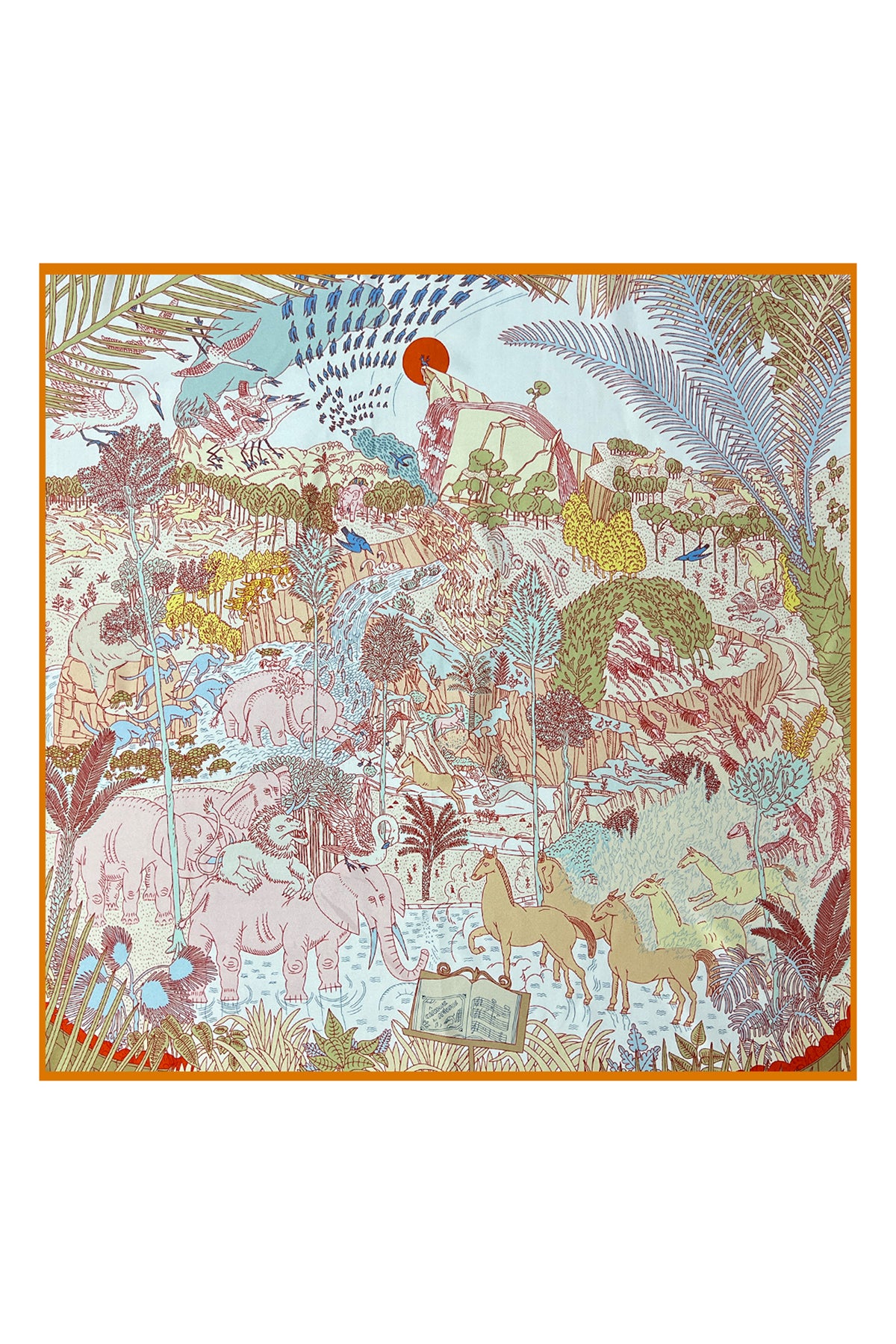 Turuncu Lena Saf İpek Roma Çift Taraflı Eşarp 70x70