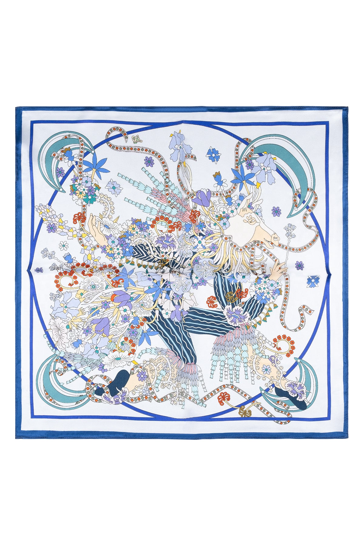 Beyaz Mavi Laila Saf İpek Kare Eşarp 50x50 cm