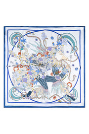 Beyaz Mavi Laila Saf İpek Kare Eşarp 50x50 cm