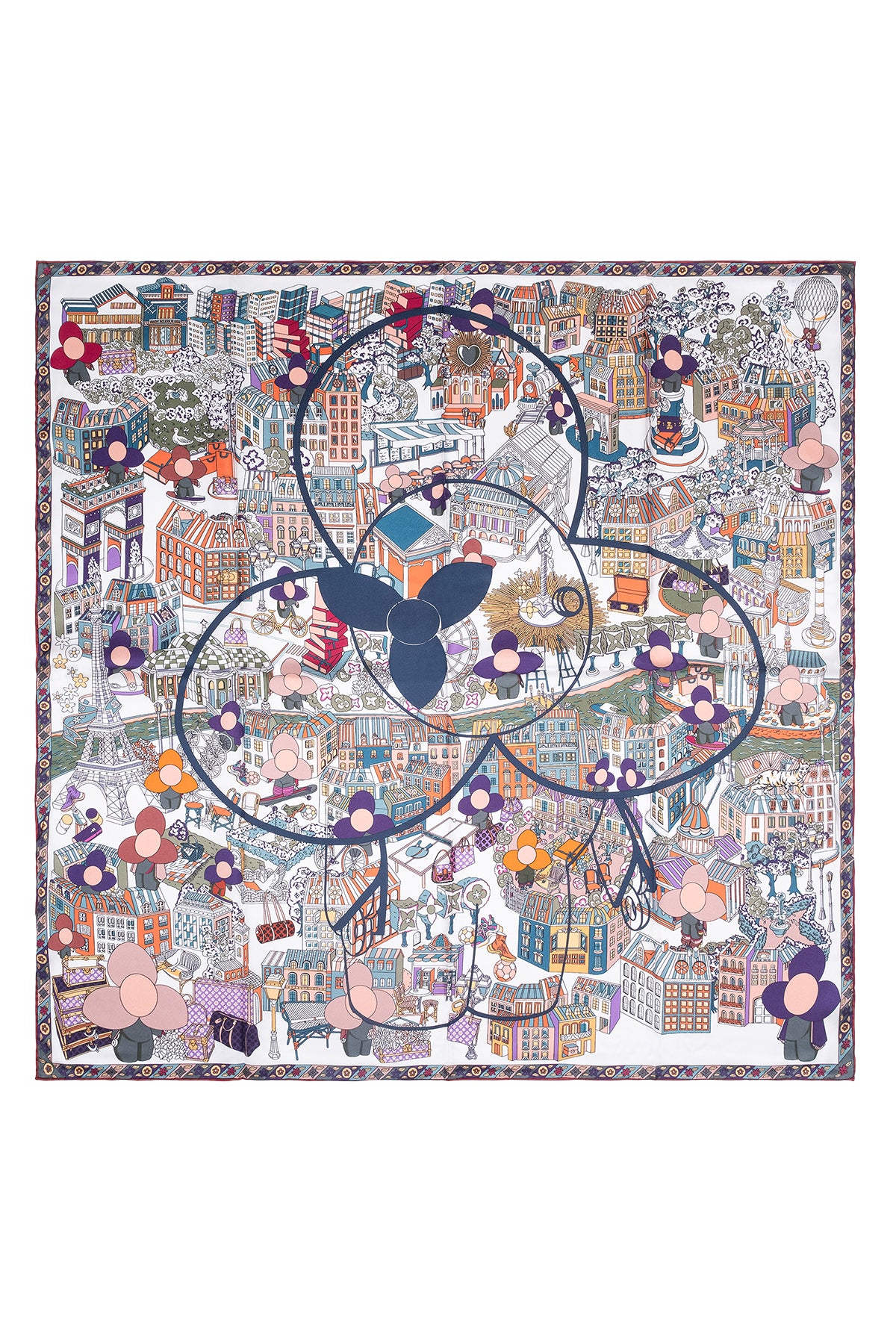 Koyu Mor Lara Saf İpek Baskılı Eşarp 90x90 cm