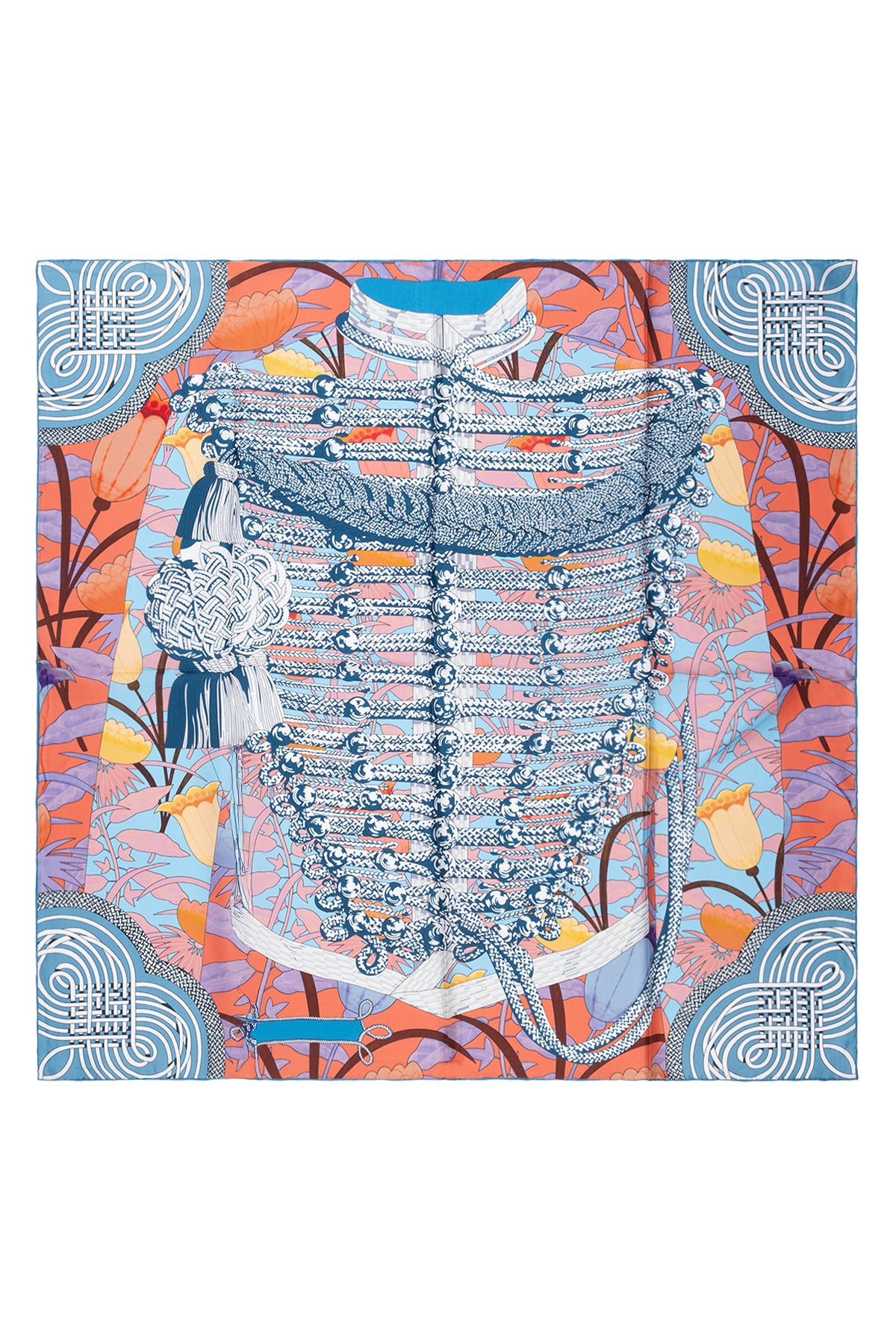 Mavi Sarı Lara Saf İpek Desenli Kare Eşarp 90x90 cm