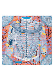 Mavi Sarı Lara Saf İpek Desenli Kare Eşarp 90x90 cm