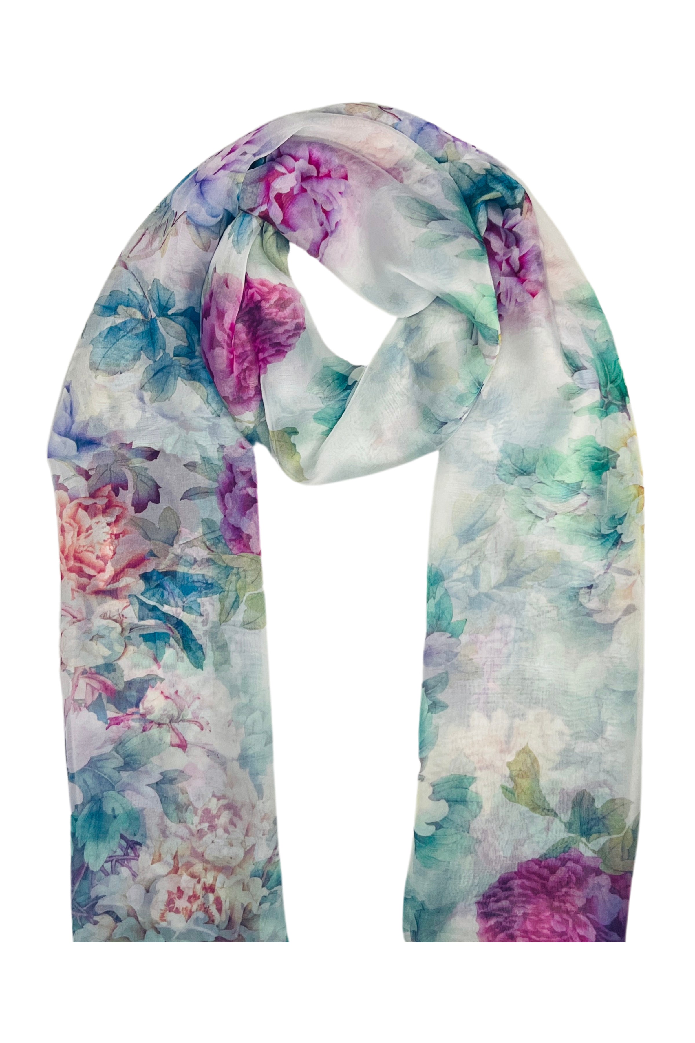 Renkli Anabel Saf İpek  Şifon Baskılı Oblong Şal 180x110