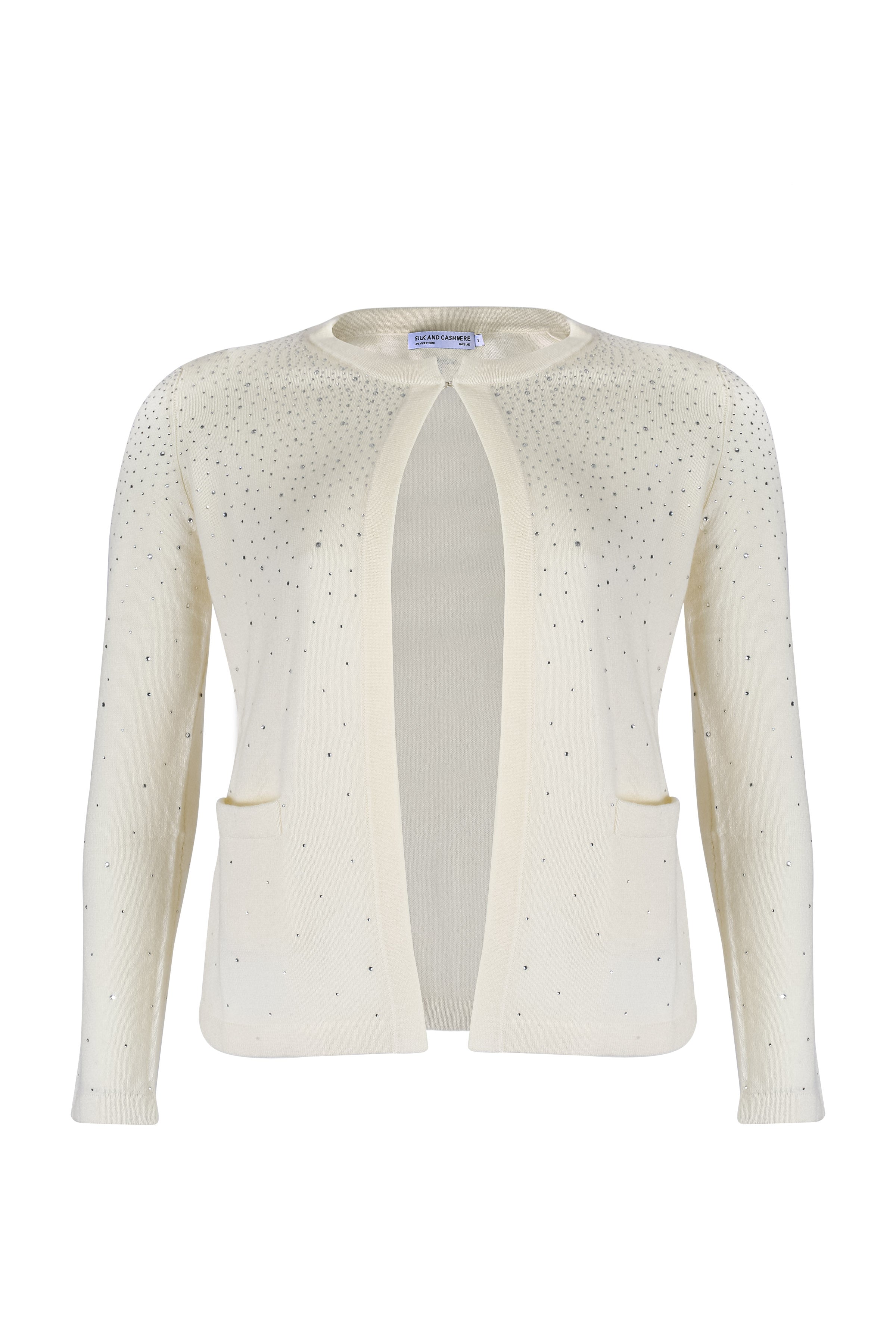 Ekru Kaşmir Yün Merril Yuvarlak Yaka Taş Süs Detaylı Hırka