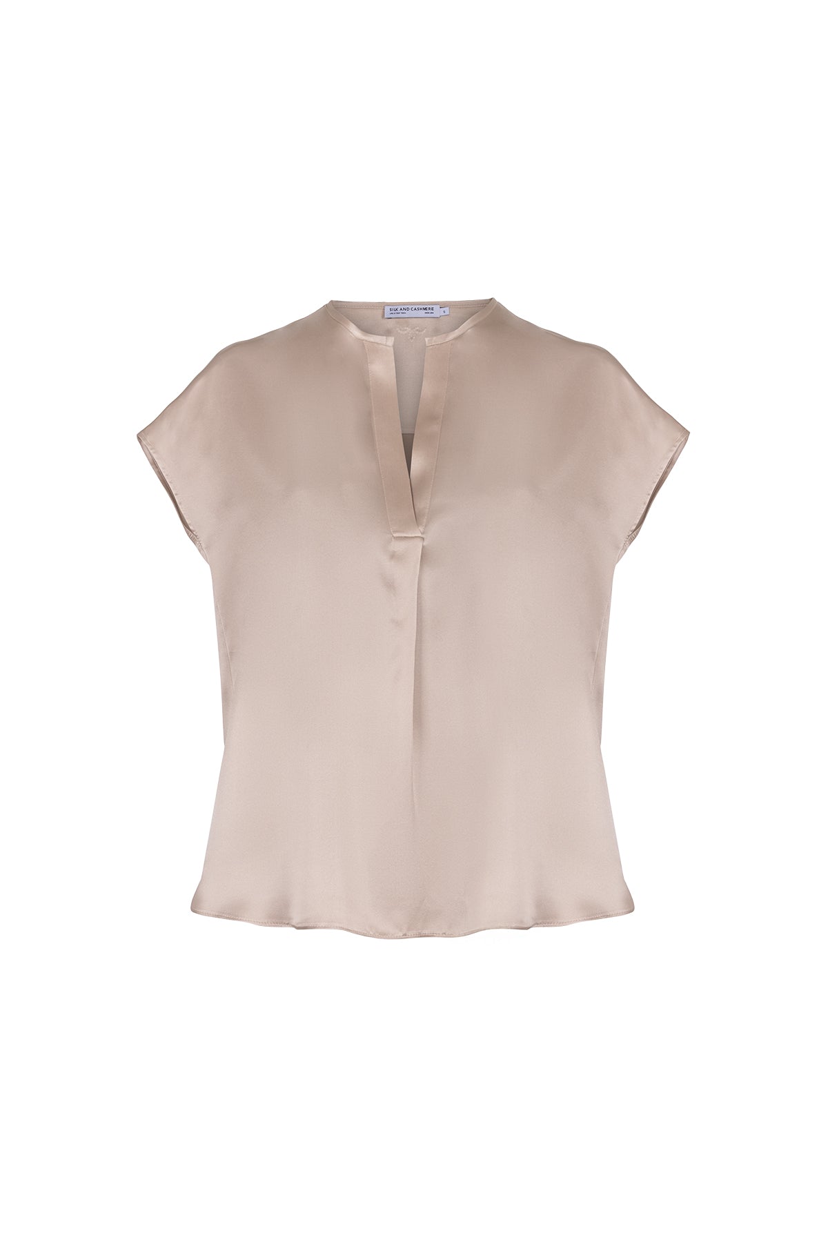 Bej Monica Saf İpek V Yaka Kısa Kollu Bluz