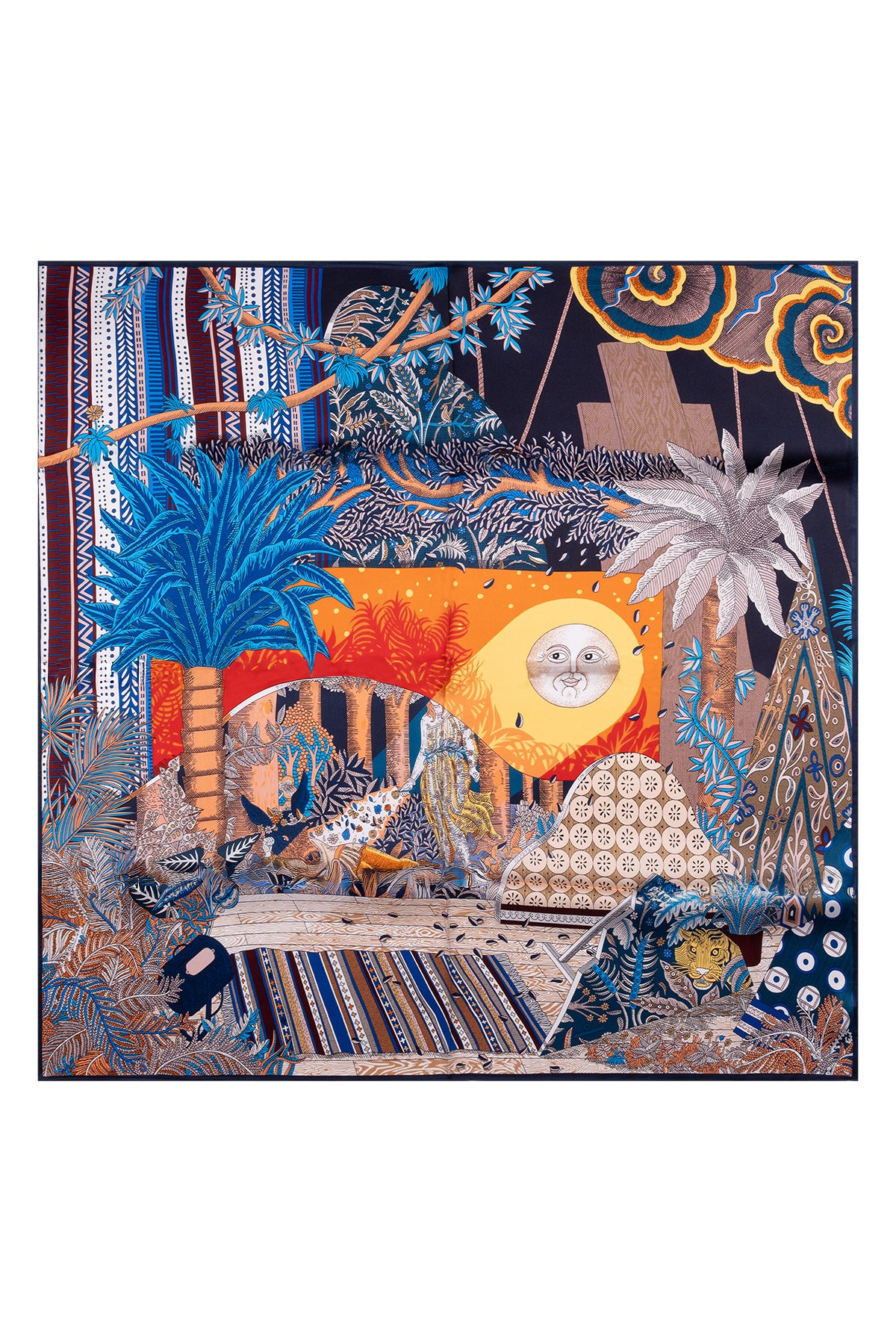 Turuncu Mavi Lara Saf İpek Desenli Kare Eşarp 90x90 cm