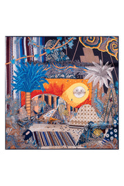 Turuncu Mavi Lara Saf İpek Desenli Kare Eşarp 90x90 cm