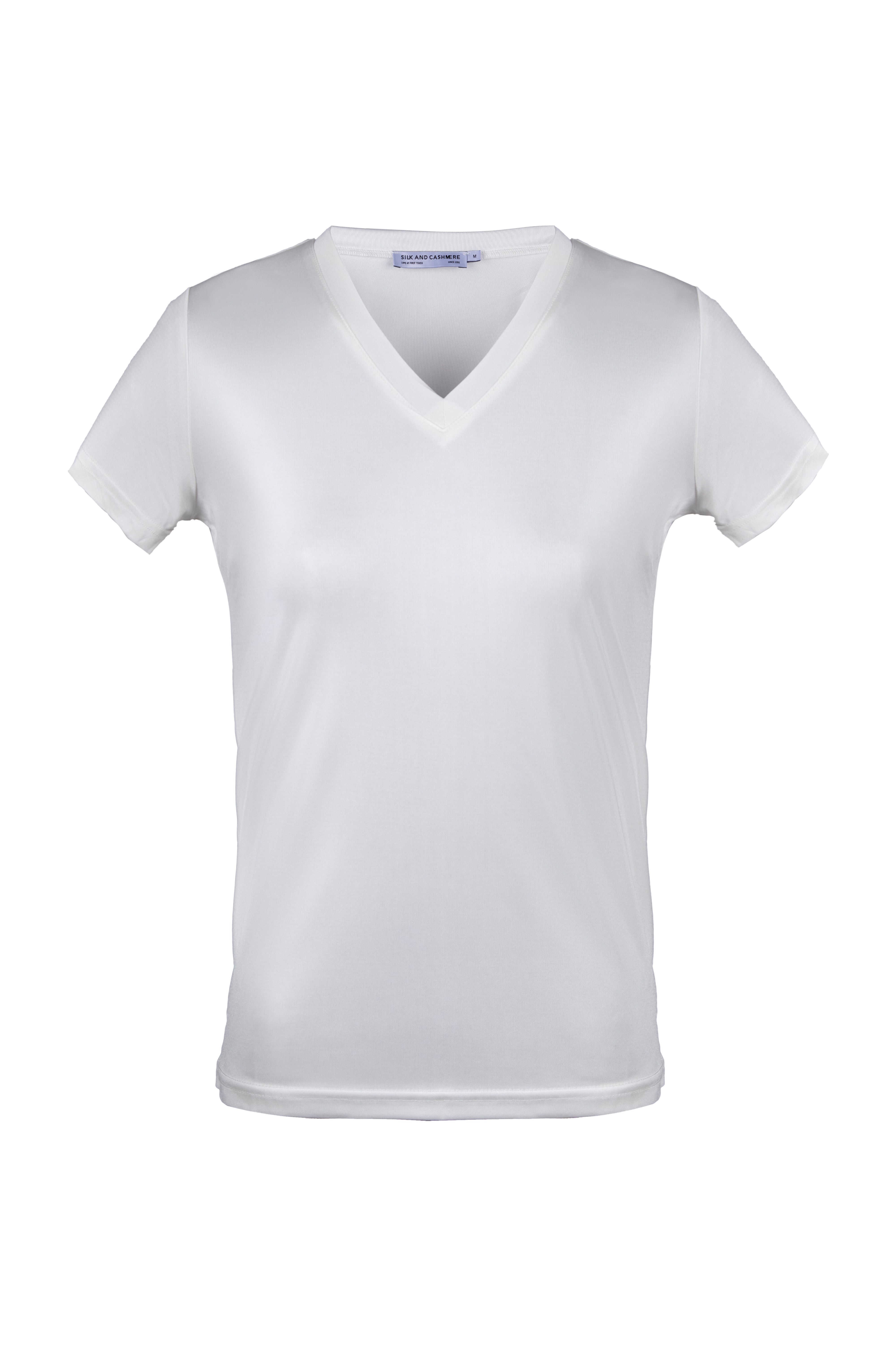 Beyaz Marina İpekli V Yaka  Kısa Kollu T-Shirt