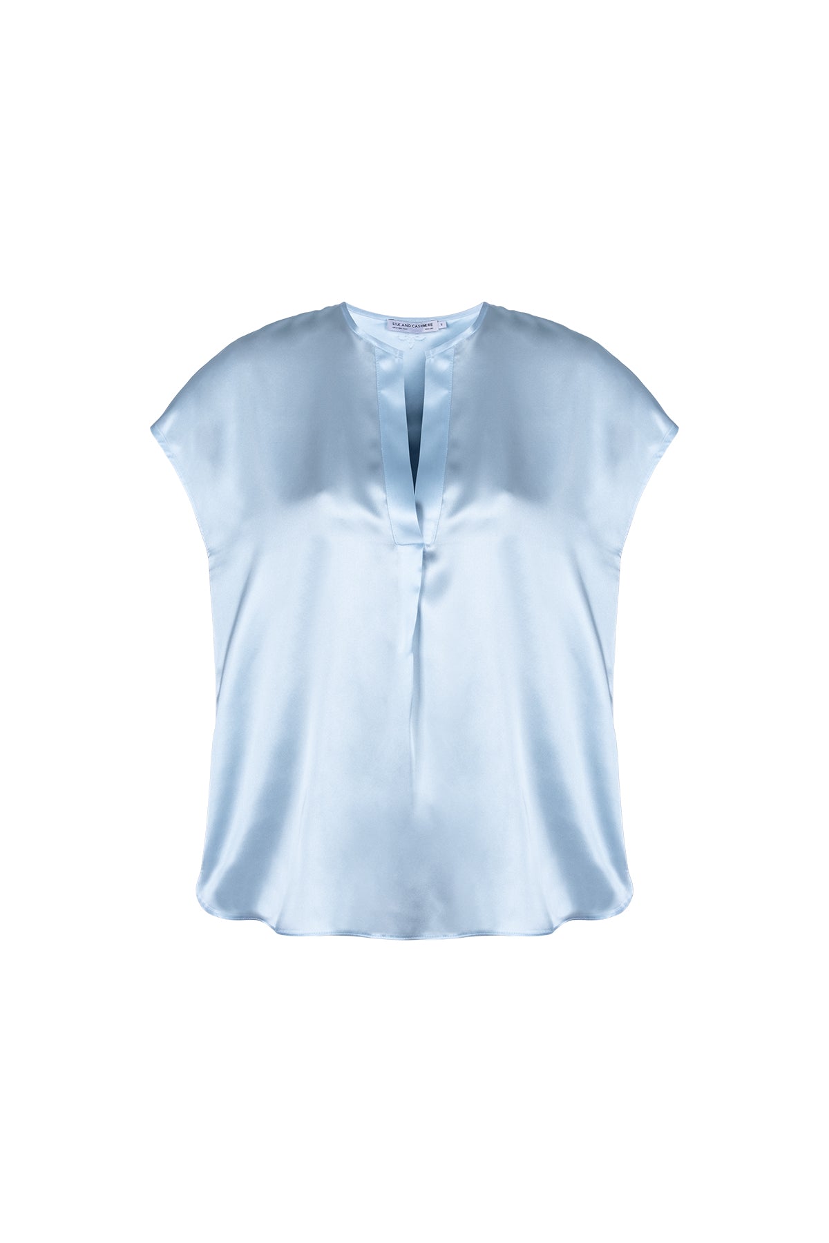 Açık Mavi Monica Saf İpek V Yaka Kısa Kollu Bluz