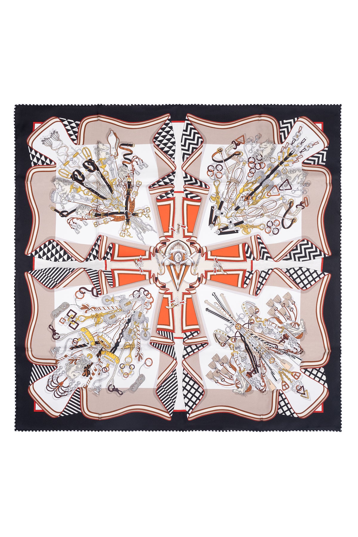 Bej Siyah Lara Saf İpek Baskılı Eşarp 90x90 cm