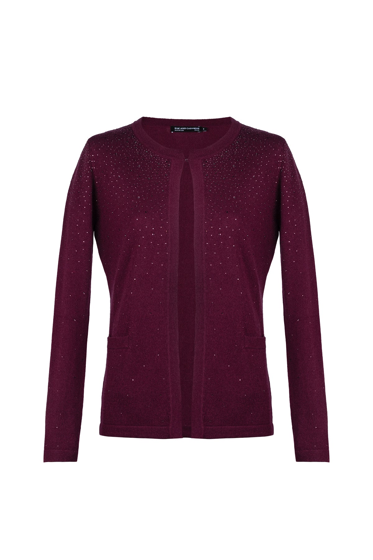 Bordo Merill Yün Kaşmir Yuvarlak Yaka Taşlı Hırka