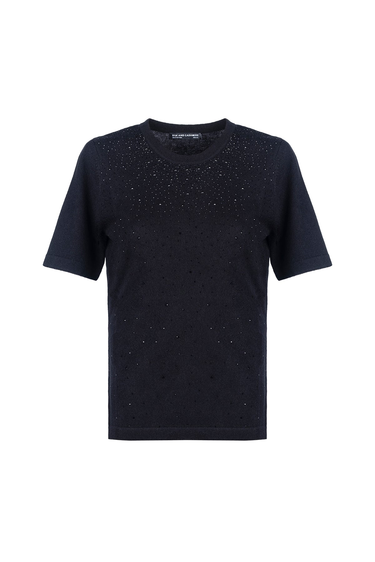 Siyah Merill Yün Kaşmir Yuvarlak Yaka Taşlı Kısa Kollu Triko