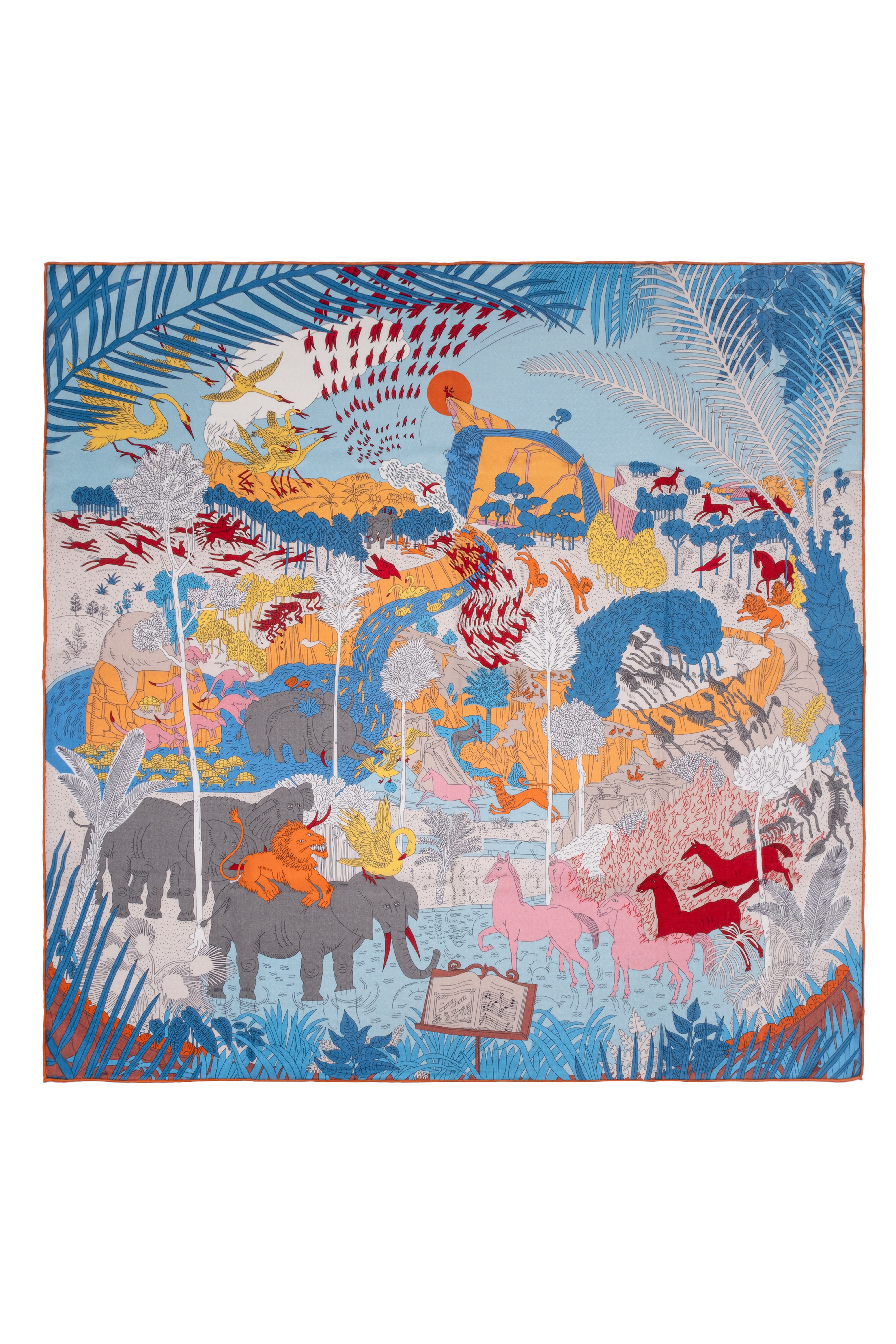 Turuncu Kırmızı Linda Saf Kaşmir Desenli Kare Eşarp 140x140 cm