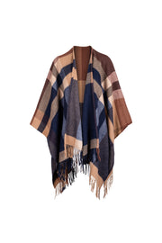 Renkli Laura Saf Yün Kareli Panço 130x150cm