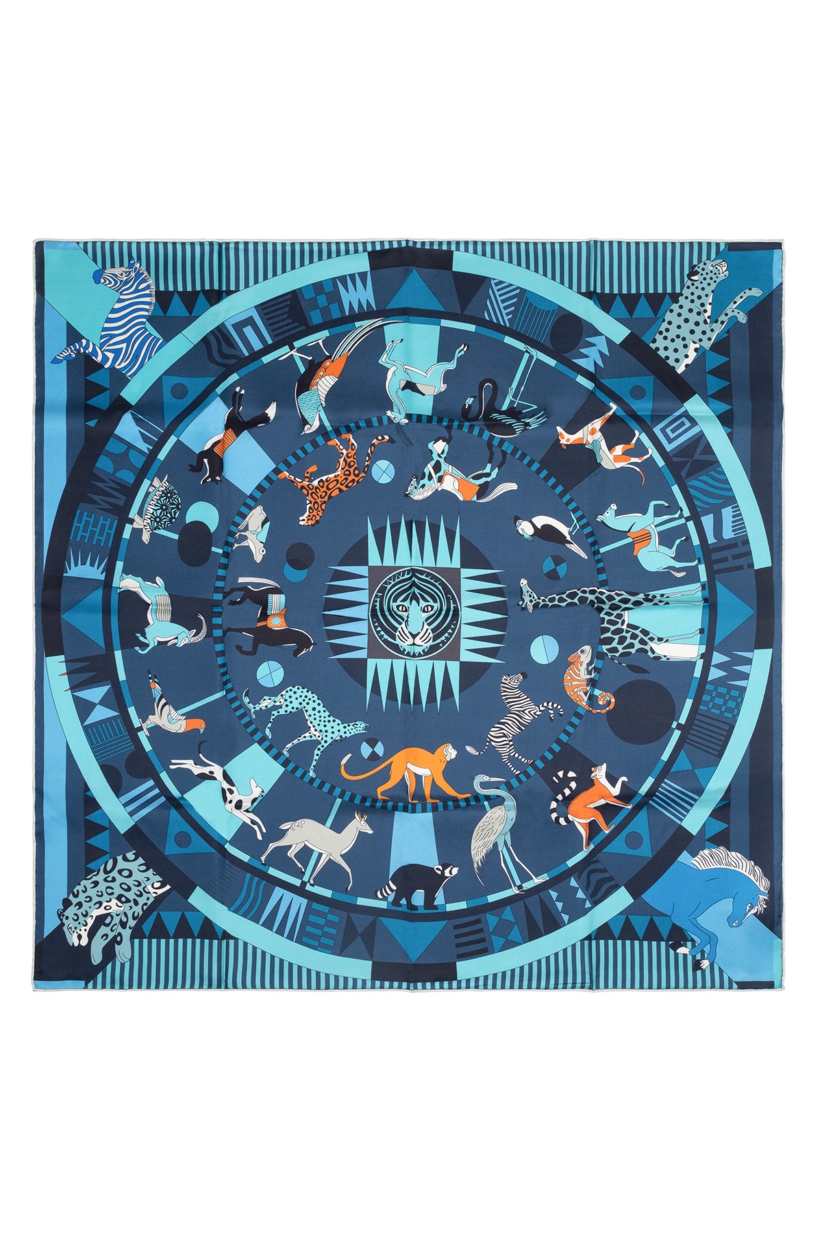 Mavi Lara Saf İpek Desenli Kare Eşarp 90x90 cm