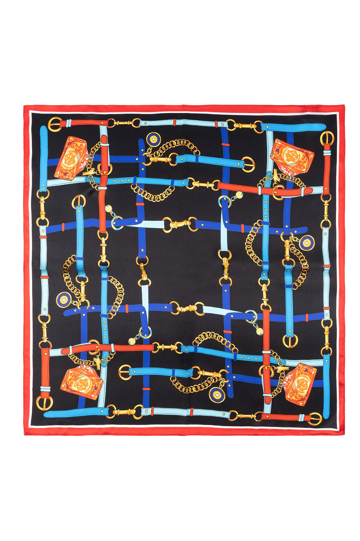 Siyah Kırmızı Laila Saf İpek Desenli Küçük Kare Kare Eşarp 53x53 cm