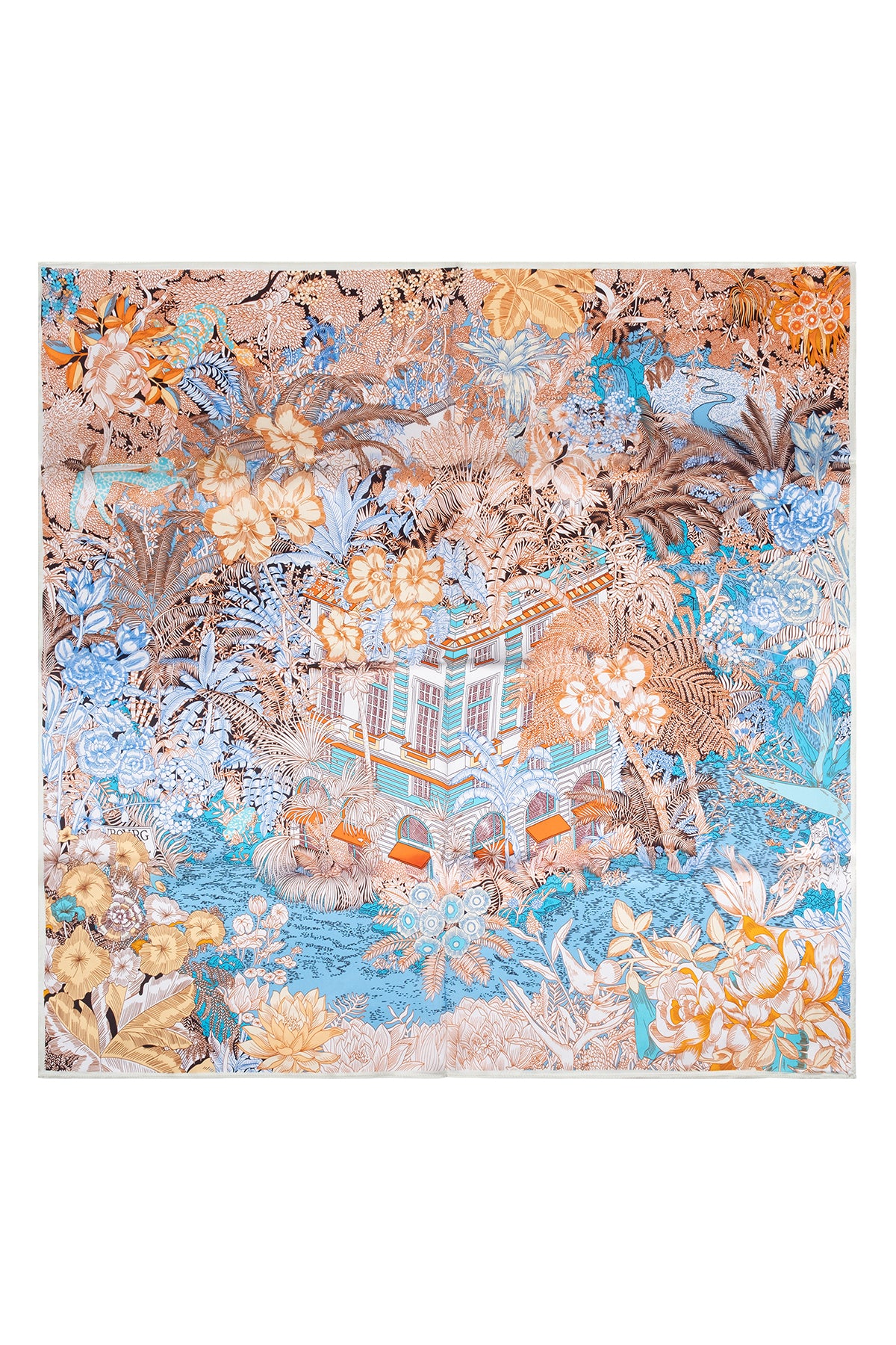 Mavi Sarı Lara Saf İpek Baskılı Eşarp 90x90 cm