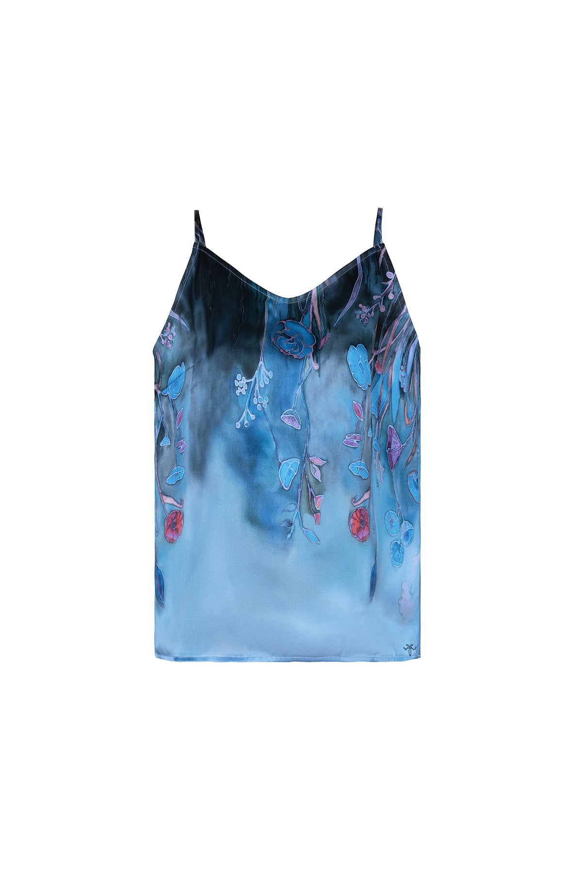 Lacivert Nature Desenli Saf  İpek Askılı Bluz -Limited Edition