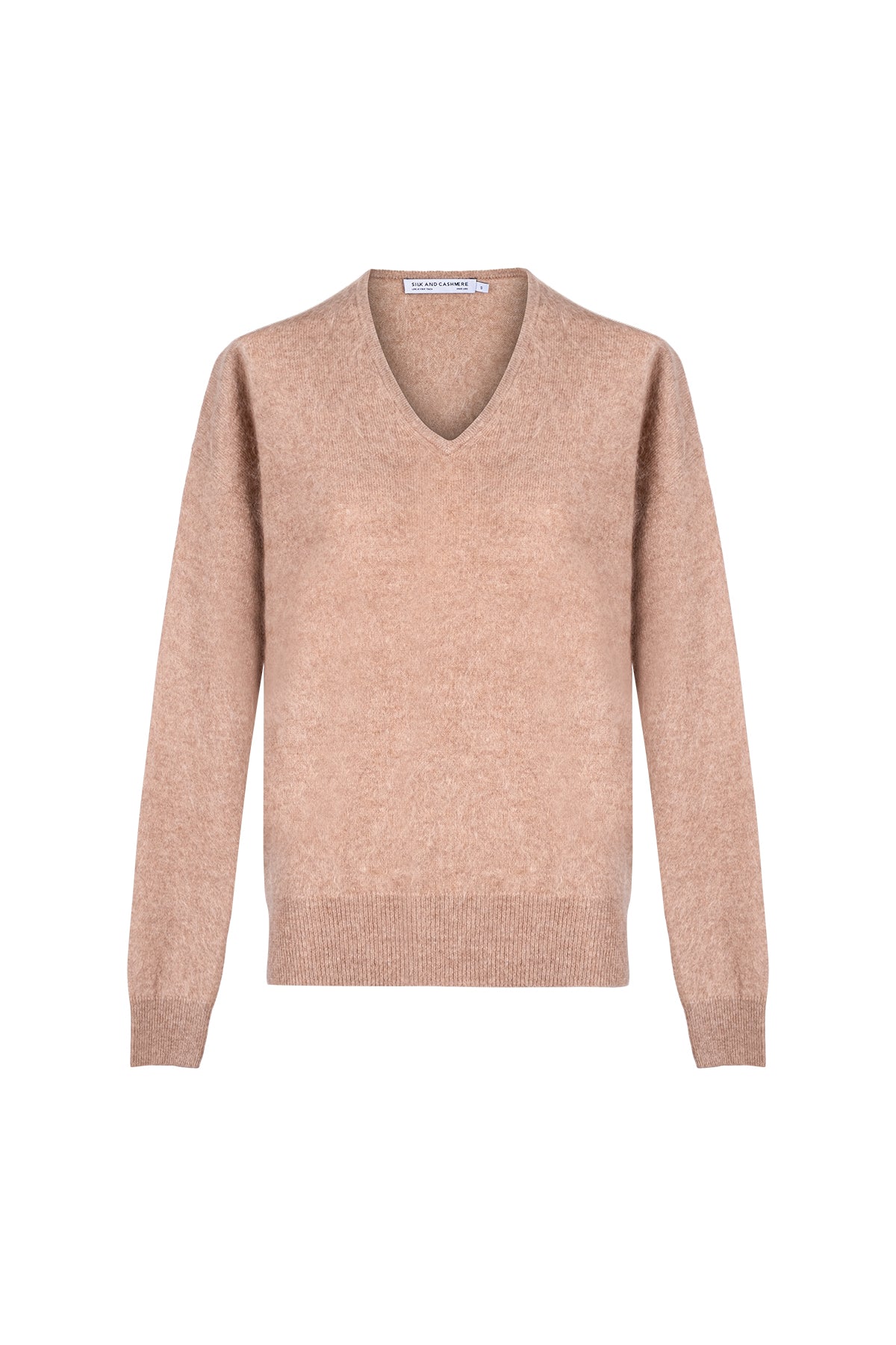 Açık Camel Brushed Saf Kaşmir V Yaka Kazak