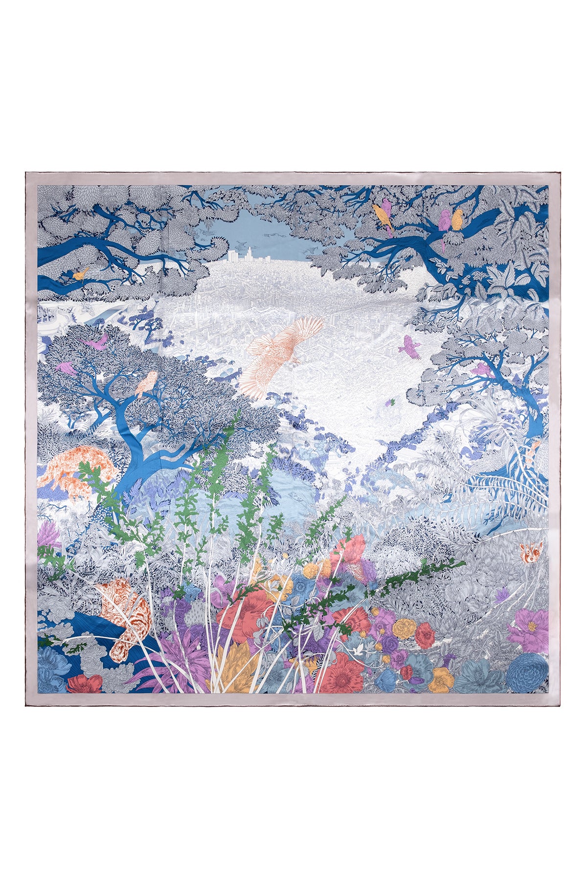 Mor Lina Saf İpek Desenli Kare Eşarp 140x140  cm