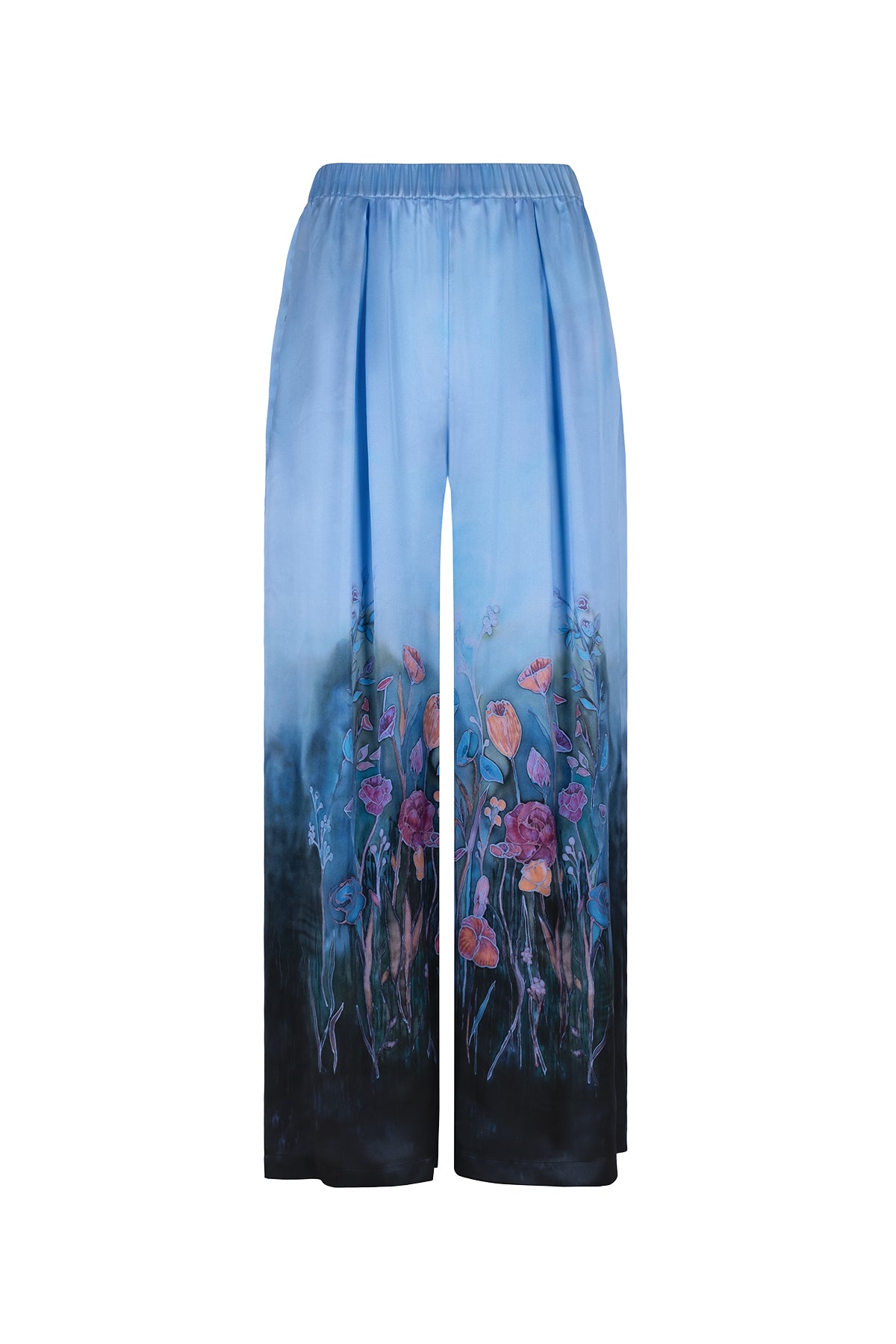 Lacivert Nature Desenli Saf İpek Pantolon -Limited Edition