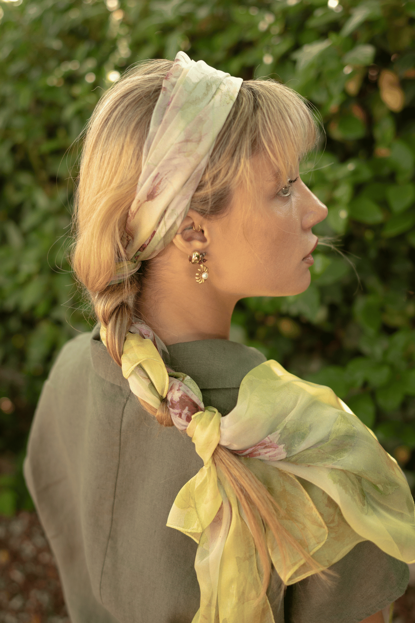 Sarı Anabel Saf İpek  Şifon Baskılı Oblong Şal 180x110