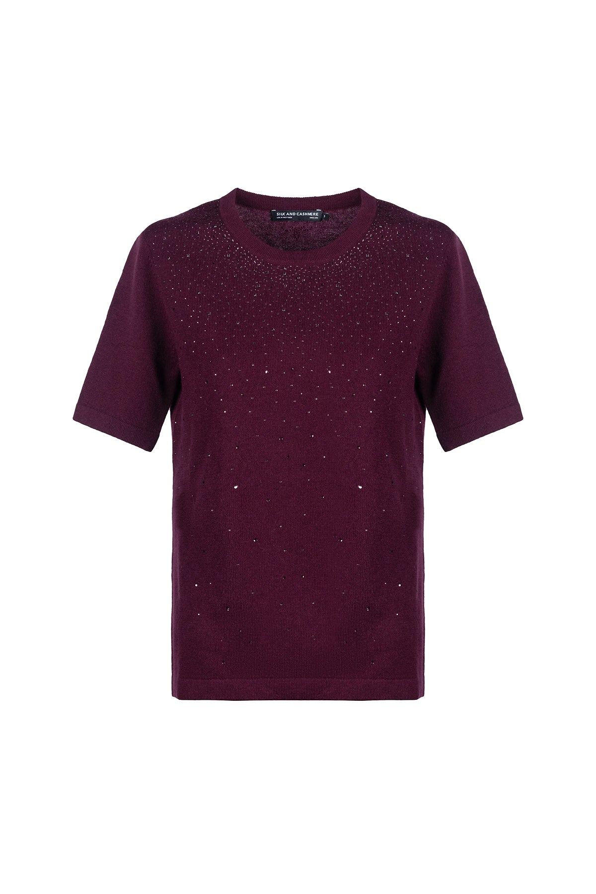 Bordo Merill Yün Kaşmir Yuvarlak Yaka Taşlı Kısa Kollu Triko