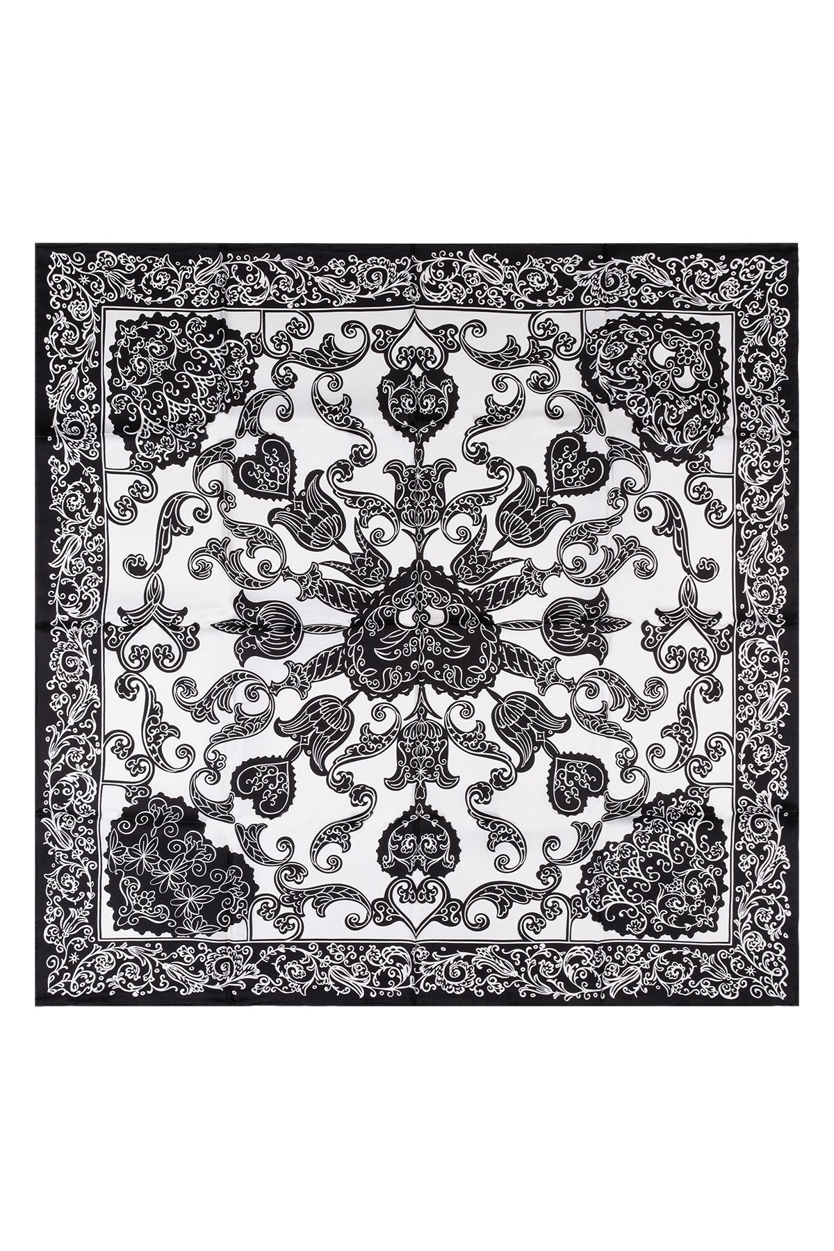 Siyah Beyaz Lara Saf İpek Desenli Kare Eşarp 90x90 cm