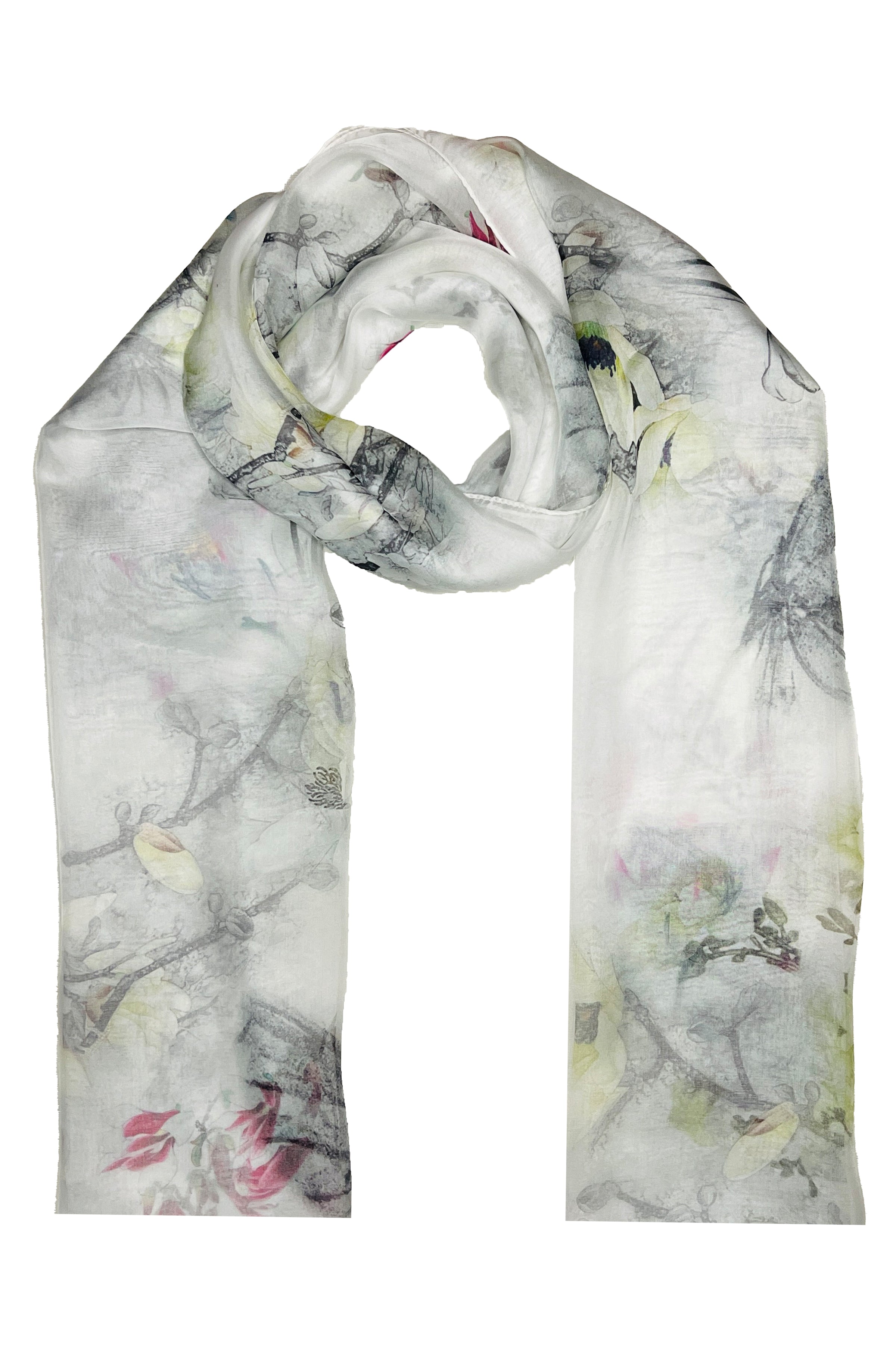 Beyaz Anabel Saf İpek  Şifon Baskılı Oblong Şal 180x110