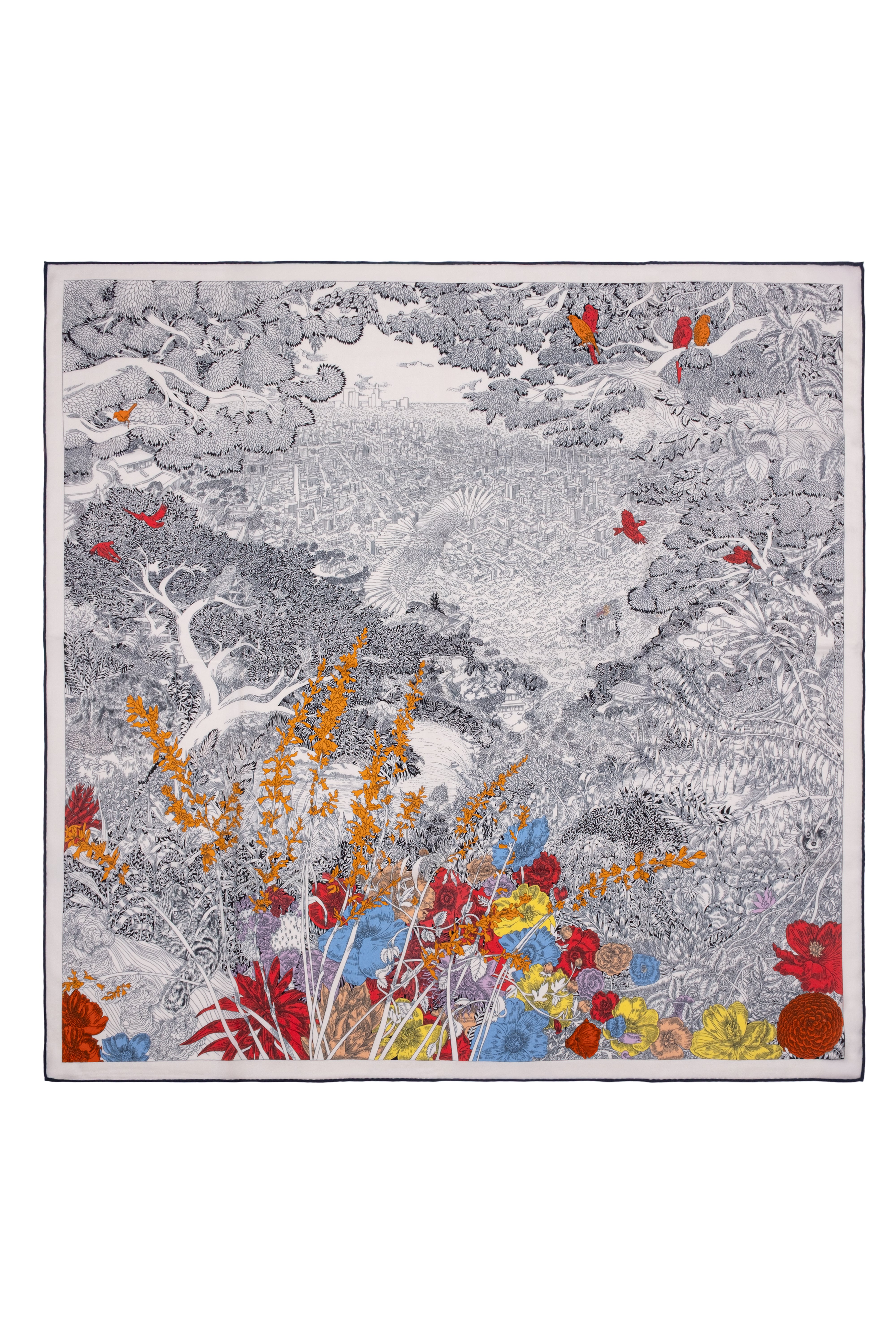 Lacivert Sarı Linda Saf Kaşmir Desenli Kare Eşarp 140x140 cm