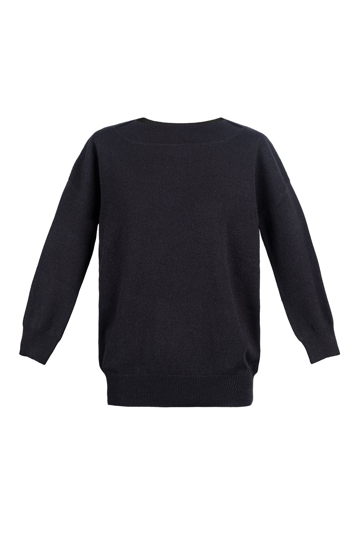 Siyah Isabella Saf Kaşmir Kayık Yaka Kazak