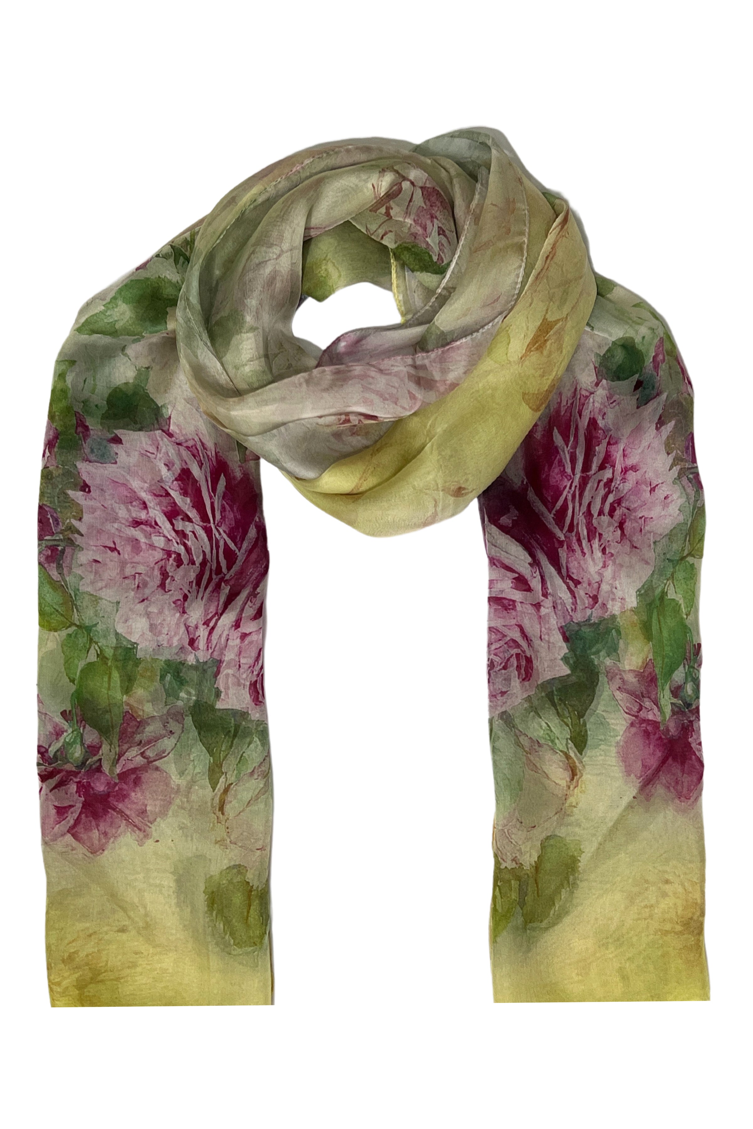 Sarı Anabel Saf İpek  Şifon Baskılı Oblong Şal 180x110