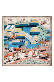 Mavi Turuncu Linda Saf Kaşmir Baskılı Eşarp 140x140 cm