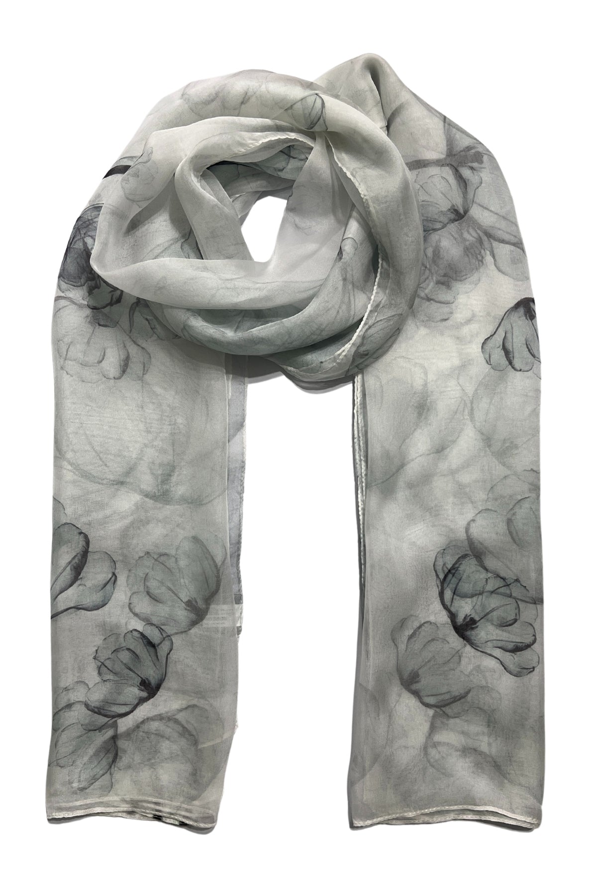 Beyaz Anabel Saf İpek  Şifon Baskılı Oblong Şal 180x110